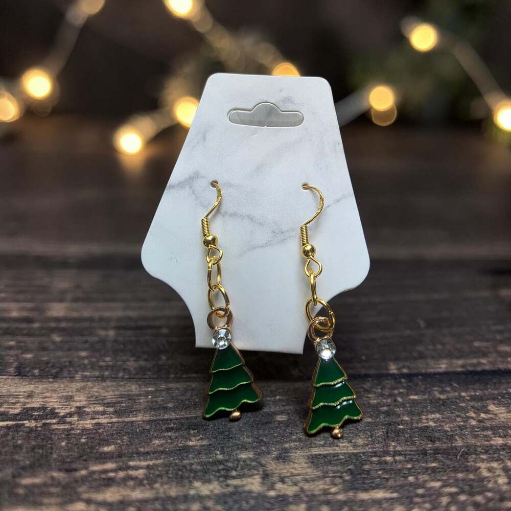 Gold-Tone Christmas Tree Drop Earrings with Green Enamel and Clear Rhinestone Ac